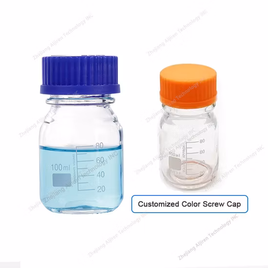 50ml 100ml 유리 실험실 시약병, 스크류 캡 및 샘플 보관용 스케일 포함